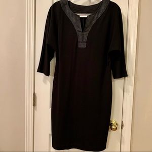 Chico’s Rayon/Poly/Spandex Knit Dress, Black w/ Faux Leather Neckline Tr…